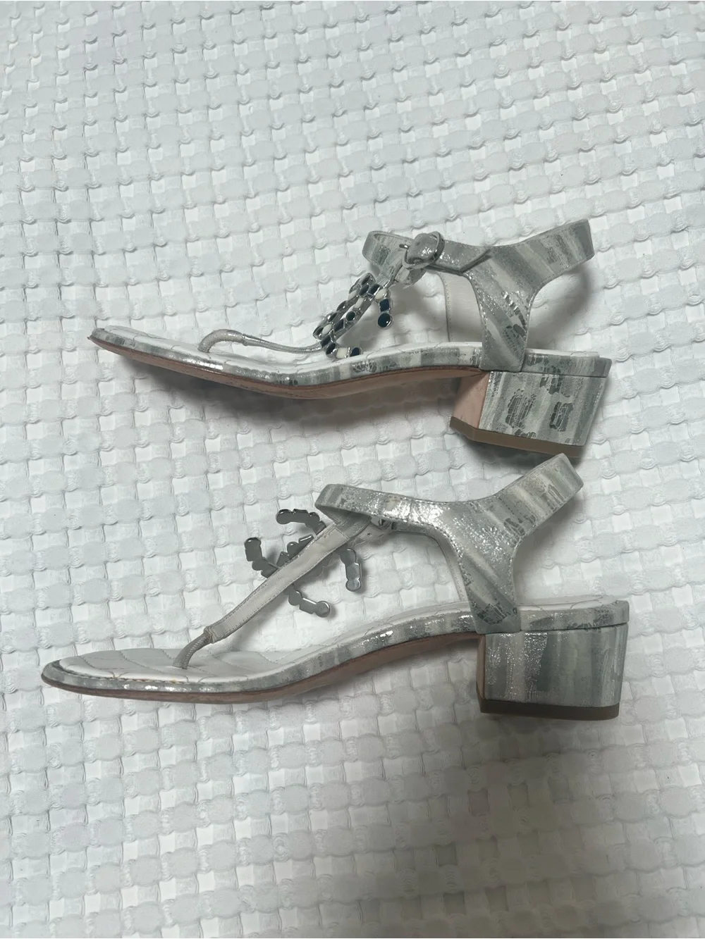 CHANEL White Silver Jeweled CC Logo Heeled Thong Sandals